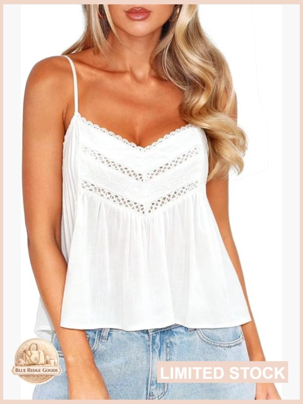 V Neck Lace Cami Babydoll Top Y2k Flowy Spaghetti Strap Summer Boho Tank - Picture 1 of 7